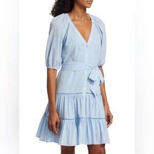 Veronica Beard Dewey Belted Puff Sleeve Blue Ruffled Tiered Mini Sundress